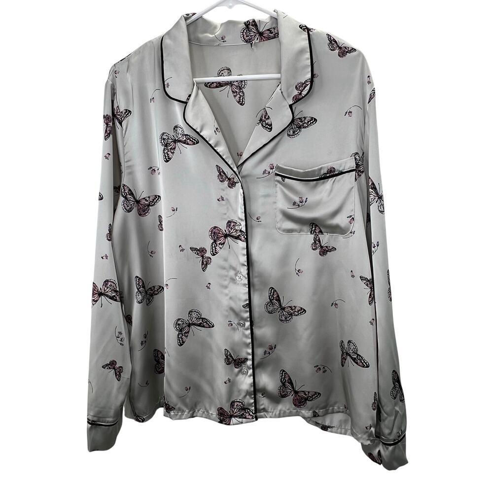 Butterfly Print Satin Pajama Shirt L Women Silver Pink Button Up Long Sleeve